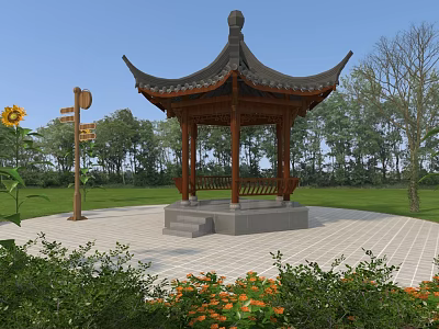 Traditional Chinese Pavilion In Garden With Green Trees Sunflowers And Stone Pavement 3d model