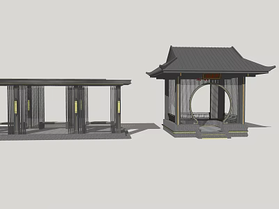 Traditional Chinese Pergola Design With Tile Roof And Circular Doorway Structure 3d model