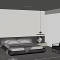 Modern Double Bed With Dark Headboard Light Sheets Hanging Lamp And Minimalist Rug