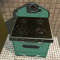 Vintage Green Kitchen Stove With Four Burners On Tiled Floor And Wall