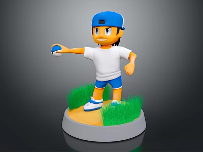Game Movie Character Wearing Blue Hat White T-shirt Holding Blue Object on Green Grass Base 3d model