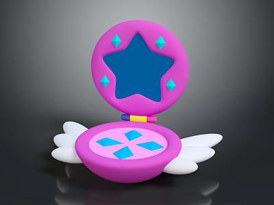 Pink Star Shaped Cosmetic Case With Blue Star Mirror Diamond Patterns And White Wings 3d model