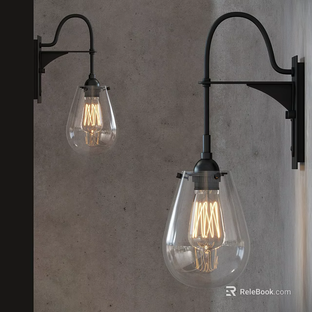 Vintage Black Metal Wall Sconces With Clear Glass Shades And Filament Bulbs On Gray Wall 3d model 