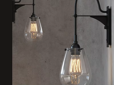Vintage Black Metal Wall Sconces With Clear Glass Shades And Filament Bulbs On Gray Wall 3d model