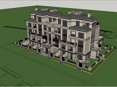 Classical Style Townhouse With Multiple Floors Balconies Chimneys And Lawn Landscape 3d model