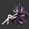3D Model Game and Movie Character with Purple Hair Halo Tentacles White Wings and Tablet