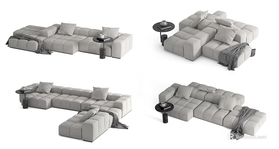 Light Gray Modular Sofa Set with Small Side Tables and Cozy Blanket Accents 3d model 