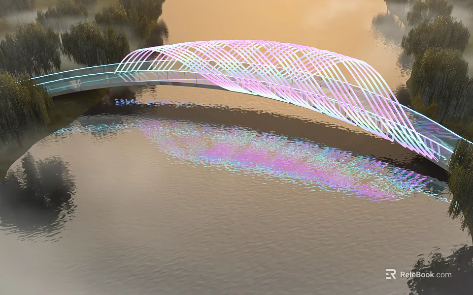Colorful Lighted Bridge Spanning Water With Reflections Surrounded By Trees In Misty Twilight 3d model 
