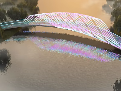 Colorful Lighted Bridge Spanning Water With Reflections Surrounded By Trees In Misty Twilight 3d model