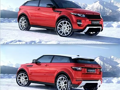 Red Range Rover Evoque Sporty Exterior With Alloy Wheels In Snowy Mountain Landscape 3d model
