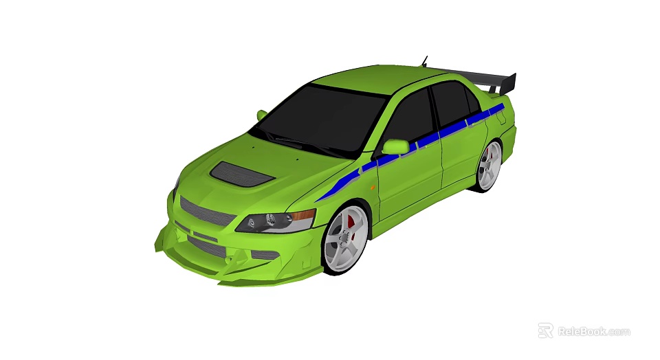 Green Sports Sedan With Blue Stripes Rear Spoiler And Alloy Wheels 3d model 