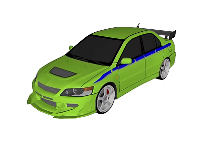 Green Sports Sedan With Blue Stripes Rear Spoiler And Alloy Wheels 3d model