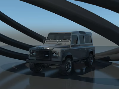 Gray Land Rover Defender Parked On Reflective Ground With Black Curved Structures Under Blue Sky 3d model