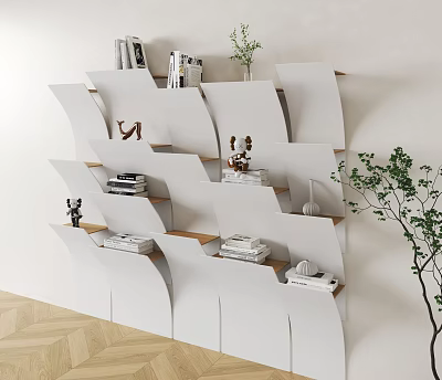 White Wavy Design Bookcase With Multiple Shelves Books Decorative Items And Plants 3d model
