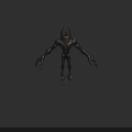 Horned Dark Creature with Slender Body Long Limbs and Orange Chest Against Dark Background