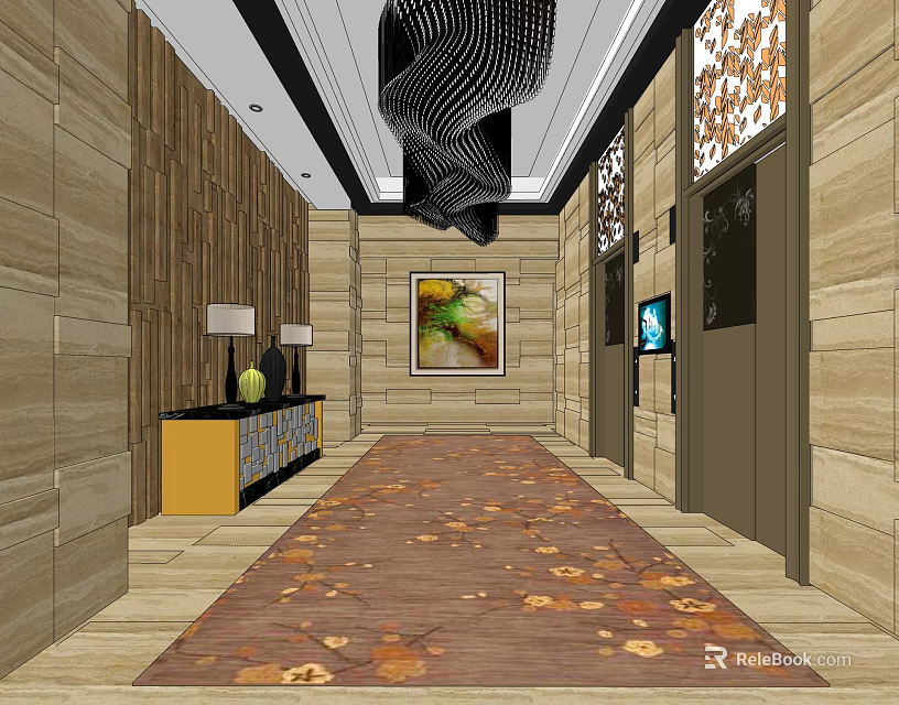 Modern Elevator Lobby With Wooden Walls Black Mesh Ceiling And Leaf Patterned Carpet 3d model 