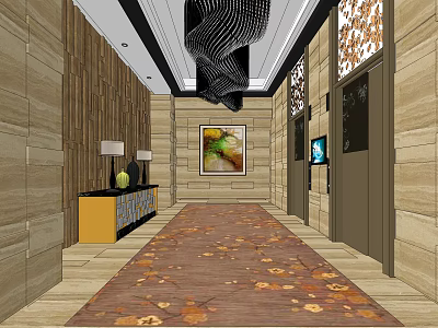 Modern Elevator Lobby With Wooden Walls Black Mesh Ceiling And Leaf Patterned Carpet 3d model