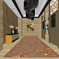 Modern Elevator Lobby With Wooden Walls Black Mesh Ceiling And Leaf Patterned Carpet 3d model
