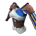 Fantasy Role Costume With Creature Inspired Shoulder Decorations Blue Yellow Striped Sleeves And Brown Corset