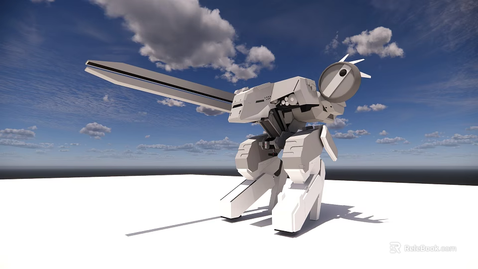 Intelligent Machine With Long Sword Like Arm And White Body Under Blue Sky With Clouds 3d model 