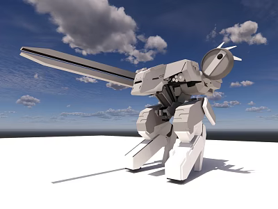 Intelligent Machine With Long Sword Like Arm And White Body Under Blue Sky With Clouds 3d model
