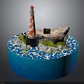 Red And White Striped Lighthouse On Rocky Island Surrounded By Blue Ocean Waves