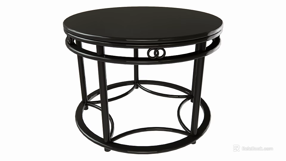 Stylish Black Round Table With Metal Frame And Circular Base Design 3d model