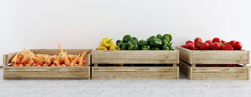 Fresh Vegetables Including Carrots Yellow Bell Peppers Green Bell Peppers And Tomatoes In Wooden Crates 3d model 