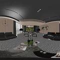 Modern Black Office Interior With Bookshelves Leather Sofas Wooden Desk And Large Windows