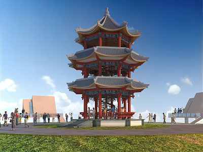 Traditional Chinese Pagoda With Multiple Floors Red Structure And Visitors Under Blue Sky 3d model
