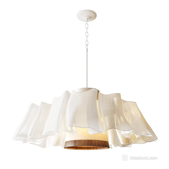 Elegant Modern Chandelier with Ruffled White Shade and Wooden Base Design 3d model 