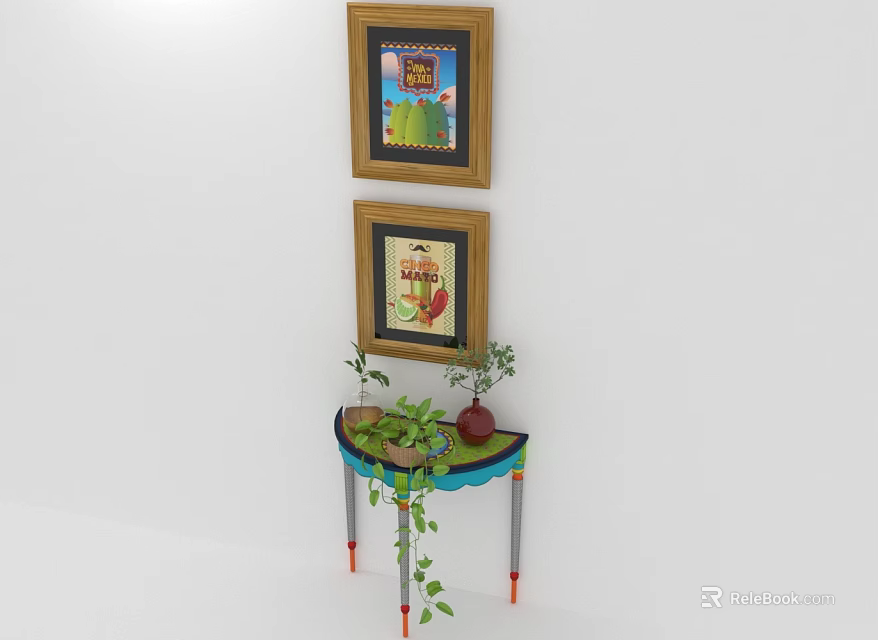 Stylish Console Table With Potted Plants And Framed Wall Art 3d model 