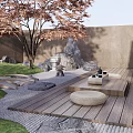 Japanese Zen Garden With Rockery Stones Moss Sand And Wooden Platform