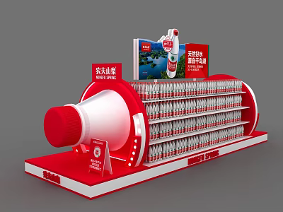 Red Megaphone Shaped Display Stand With Bottled Natural Drinking Water 3d model