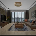Modern Dining and Living Room with Wooden Table Chairs Ceiling Fan Curtains And Decorative Painting