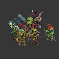3D Rendered Green Goblin Orc Characters With Axes Swords And Colorful Hats Outfits