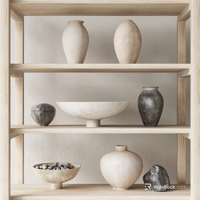 Minimalist Ceramic Vessels Including Vases And Bowl On Wooden Shelves With Neutral Tones 3d model 