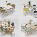 Modern Dining Table Set With Colorful Chairs And Decorative Plants 3d model