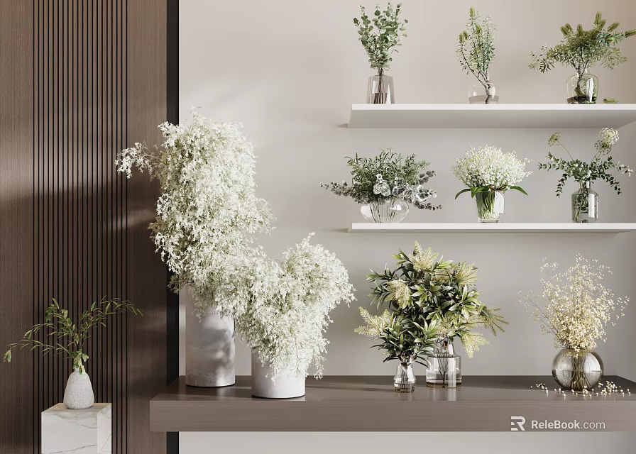Elegant Vases with White and Green Flowers on Shelves and Table 3d model 