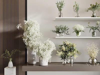 Elegant Vases with White and Green Flowers on Shelves and Table 3d model
