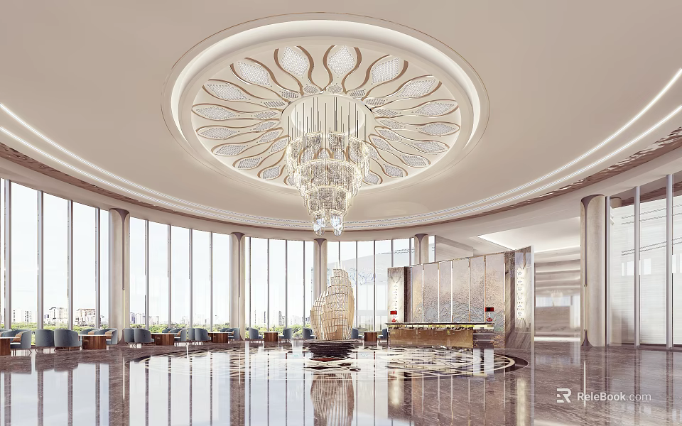 Grand Hotel Lobby With Circular Crystal Chandelier Floor To Ceiling Windows And Marble Flooring 3d model 