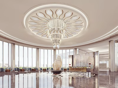 Grand Hotel Lobby With Circular Crystal Chandelier Floor To Ceiling Windows And Marble Flooring 3d model