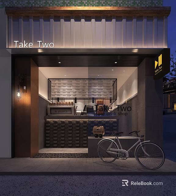 Take Two Milk Tea Shop Modern Storefront With Bar Counter And Vintage Bicycle Design 3d model 