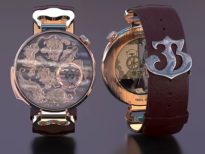 Luxury Mechanical Wristwatch With Intricate Engraved Dial Leather Strap And Exposed Movement Back View 3d model