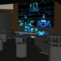 Modern Bar Interior With Circular Counter Neon Lighting Reflective Ceiling And Seating Area