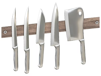 Five Piece Stainless Steel Kitchen Knives Set With Wooden Wall Mount Holder 3d model