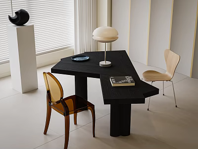 Modern Dark Office Desk With Table Lamp Chairs Book Plate And Window Blinds 3d model