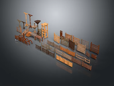 Wooden Scene Components Collection Featuring Fences Railings Shelves And Ladders 3d model