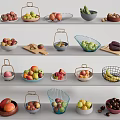 Display Of Various Fresh Fruits On Shelves With Baskets And Bowls