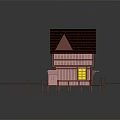 Cartoon Scene With Two Story Pink House Brown Roof Wooden Walkway And Small Shed